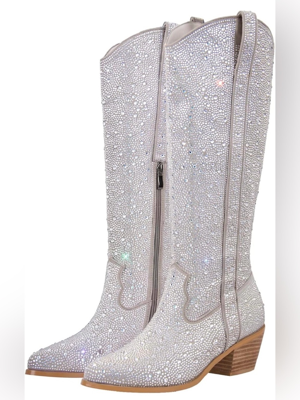 💎Crystal Embellished White Knee-High Western Boots💎